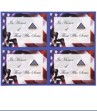 Honor Cards in a Sheet of 4 with 4 Honor pins