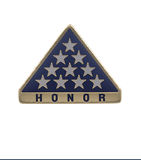 Image of a tri-corner U.S. flag lapel pin with the word 