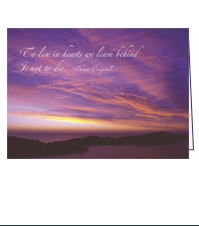 Image of front of Comfort Card: Heart with a sunset of mostly pink and purples and the text: To live in hearts we leave behind is not to die.
