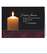Image of front of Comfort Card: Journey with a lone lit candle on a black background and the text: Grief is a Journey. We move from seeing the person by sight to seeing them in memories...