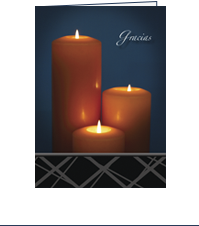 Image of the front of Comfort Card: Spanish Funeral with a picture of 3 lit candles on a blue background and the text: Gracias