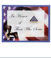 Honor tri-corner flag lapel pin on a card (once the sheet has been separated) with text In Honor of Those Who Serve. 
